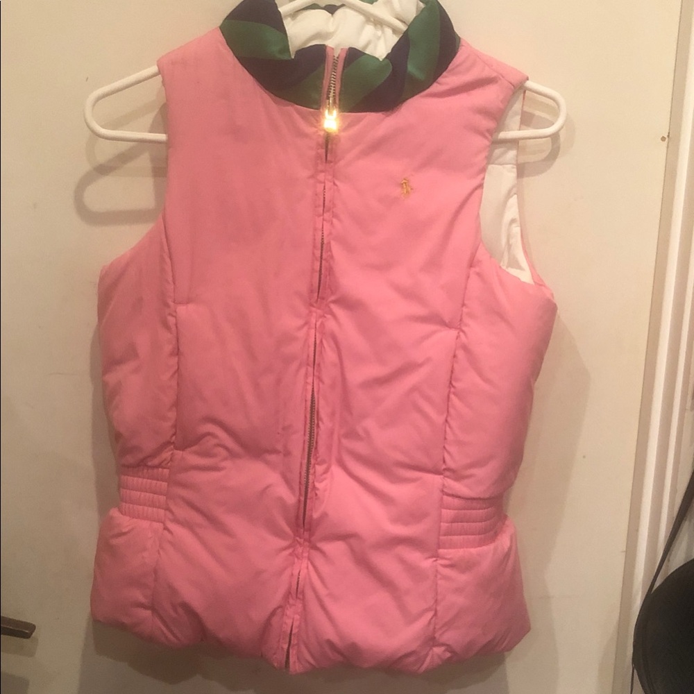 Ralph Lauren Pink Puffer Vest with Green & Navy Contrast Collar